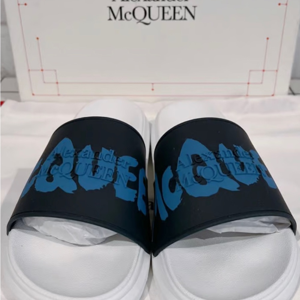 Alexander McQueen Graffiti logo print sandals.